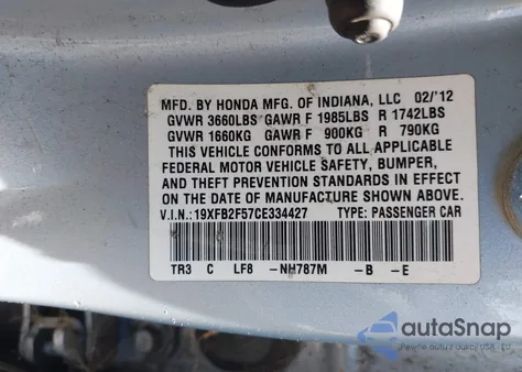 2012 Honda Civic Lx из США, поврежденный, VIN 19XFB2F57CE334427